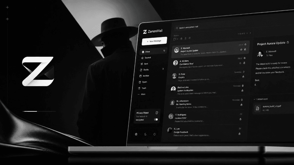 ZanonMail inbox on a laptop in a discreet setting